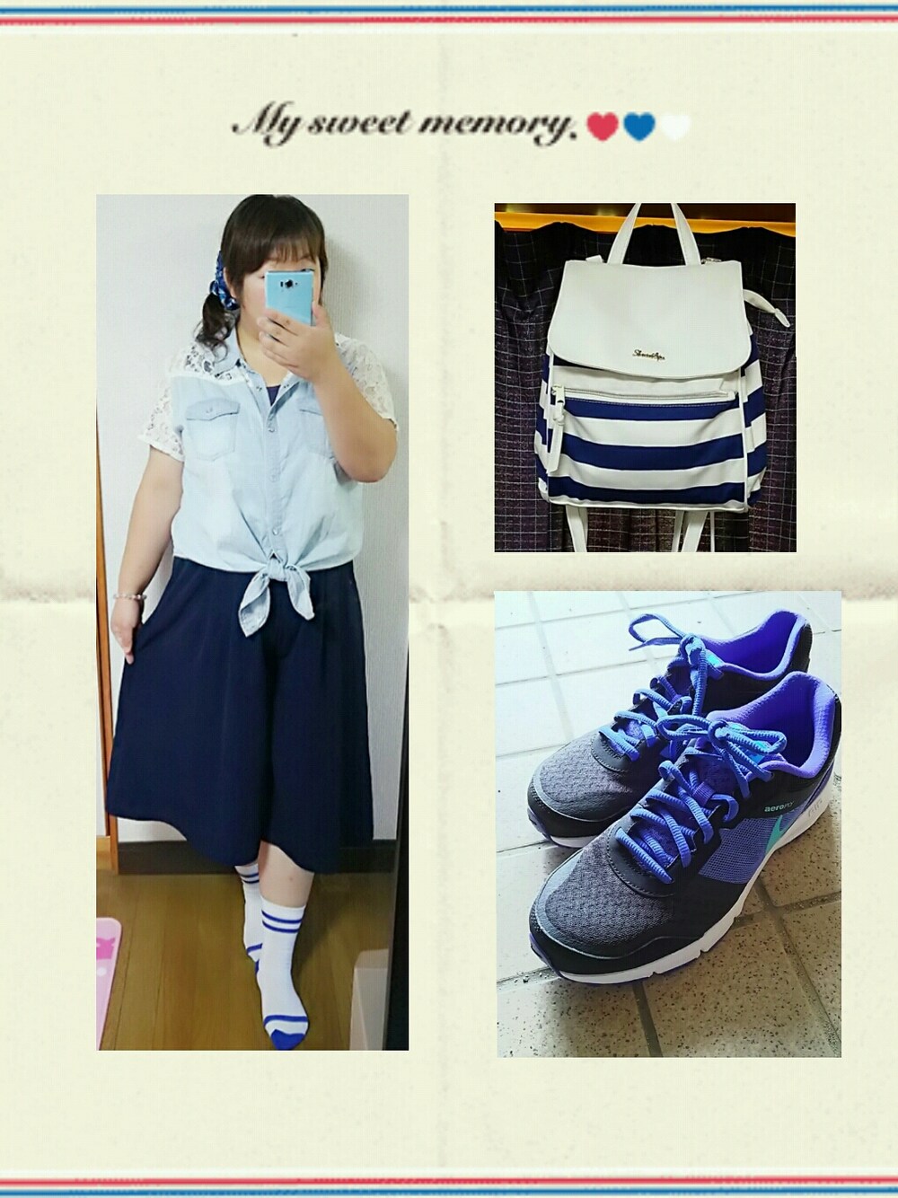 「しまむら、GU、ゆずツアーグッズ、NIKE、デニムシャツ、ガウチョパンツ、シュシュ、リュック、スニーカー、青×白」｜「NIKEのアイテム（シューズ、ブルー系）」を使った、あおい～さん（レディース・155cm）の秋コーディネートの1枚目の写真