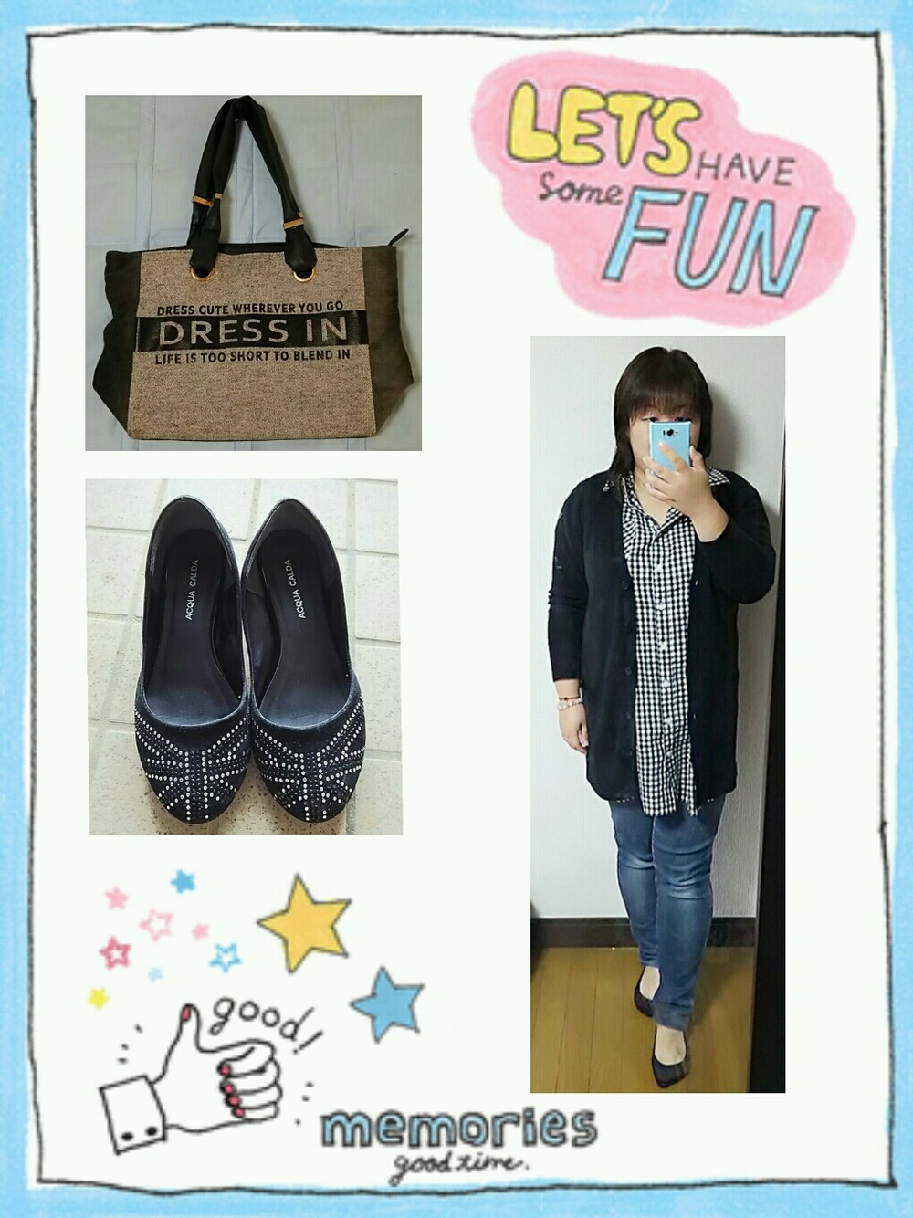 「GU、しまむら、UNIQLO、ロングカーデ、シャツワンピ、ギンガムチェック、デニンス、ママ、ぽっちゃり、大きいサイズ」｜「GUのアイテム（トップス、ブラック系）」を使った、あおい～さん（レディース・155cm）の秋コーディネートの1枚目の写真