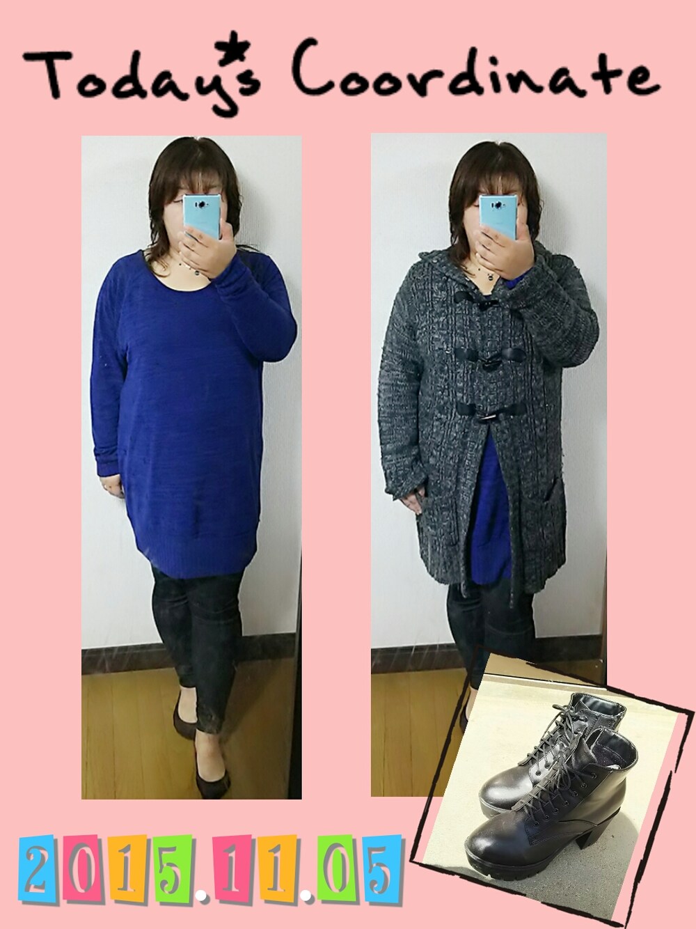 「ニットワンピ、ニットコート、青ワンピ、ショートブーツ、しまむら、WEGO、ママ、ぽっちゃり、大きいサイズ、チビデブ」｜「しまむらのアイテム（ワンピース、ブルー系）」を使った、あおい～さん（レディース・155cm）の秋コーディネートの1枚目の写真