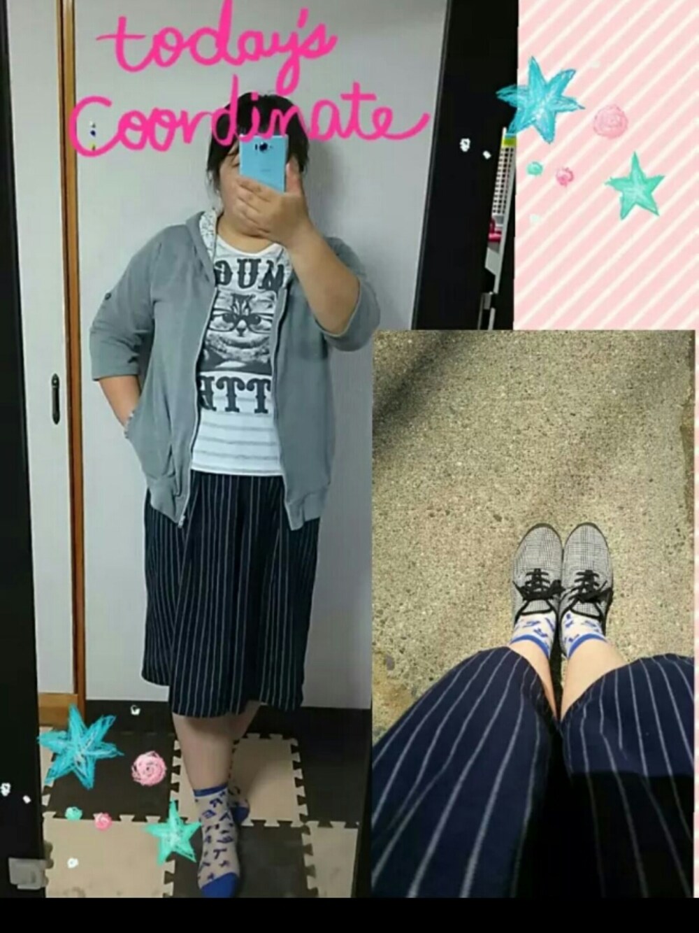 「カジュアルコーデ、猫Tシャツ、ガウチョパンツ、パーカー、ぽっちゃり、チビデブ、大きいサイズ、プラスサイズ、ママコーデ、アラフォー」｜「しまむらのアイテム（パーカー、グレー系）」を使った、あおい～さん（レディース・155cm）の夏コーディネートの1枚目の写真