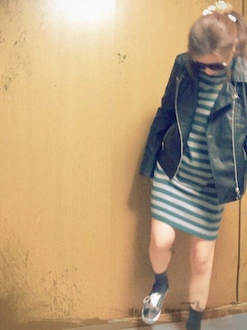 「stradivarius（ストラディバリウス）のアイテム（ライダースジャケット、ブラック系）」を使った、iamkantyさん（レディース・154cm）の冬コーディネート