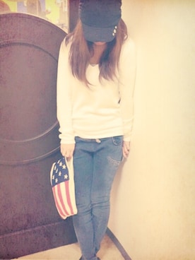 「AZUL by moussy（アズールバイマウジー）のアイテム（ニット/セーター、ホワイト系）」を使った、iamkantyさん（レディース・154cm）の春コーディネート