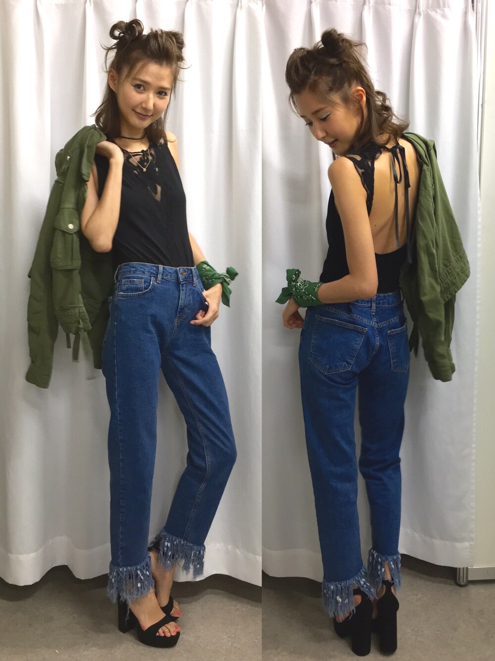 「背中あき、サンダル、デニム、春、ガールズアワード」｜「Bershkaのアイテム（トップス、ブラック系）」を使った、美優さん（レディース・165cm）の春コーディネートの1枚目の写真