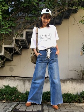 戸田 恵梨香さん着用 Inred5月号掲載 フロントレースアップパッチワークデニムを使った人気ファッションコーディネート Wear