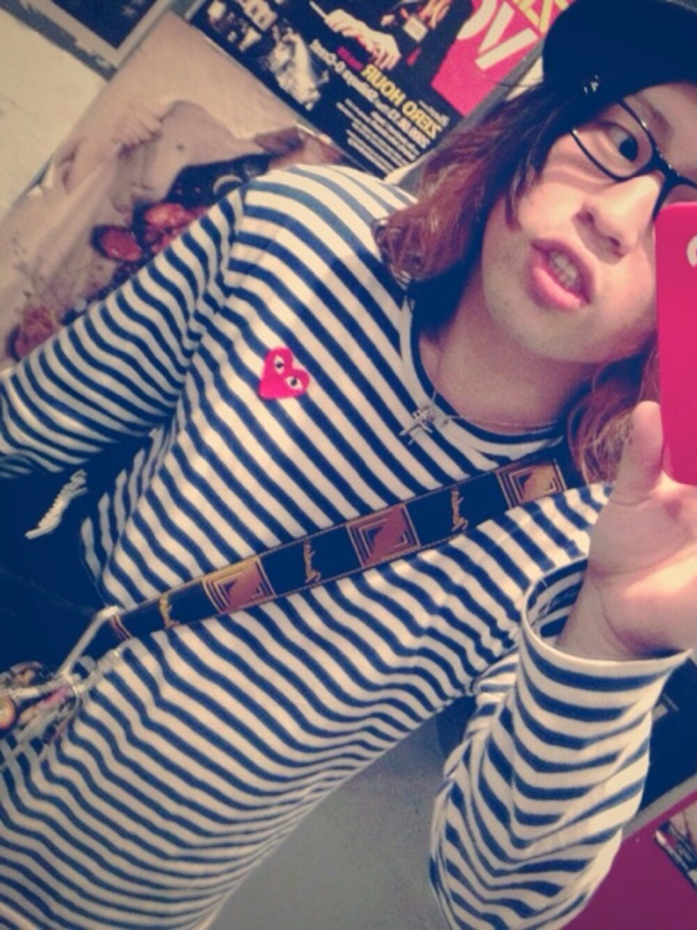 「COMME des GARCONS、CA4LA、ray ban、NUMBER (N)INE、PLAY comme des garcons」｜「NUMBER (N)INEのシュルダーバッグ（number9）（ショルダーバッグ、ブラック系）」を使った、サトーたくまさん（メンズ・162cm）の夏コーディネートの1枚目の写真