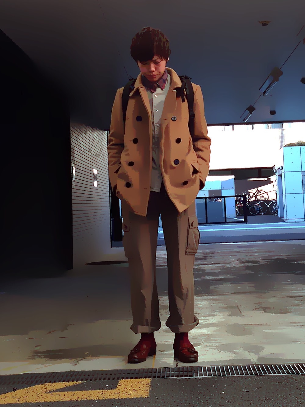 「ロングシャツ、ワイドパンツ、タッセルローファー、シャツスタイル、ピーコート、ローファー」｜「no brandのother shot（その他、その他）」を使った、mefoxさん（メンズ・177cm）の冬コーディネートの1枚目の写真