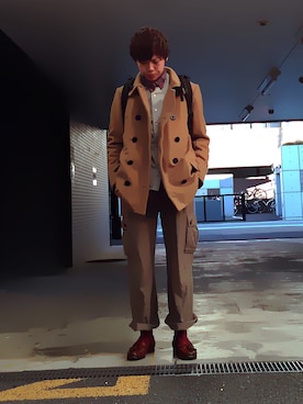 「ロングシャツ」｜「アイテム（ピーコート）」を使った、mefoxさん（メンズ・177cm）の冬コーディネート