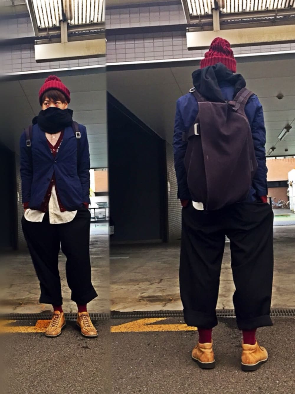 「テーラードジャケット、yohjiyamamoto、ワイドパンツ、スラックス、エンジ色、ロングシャツ、ノーカラーシャツ、古着MIX、革靴、ニットキャップ」｜「no brandのSide
（その他、その他）」を使った、mefoxさん（メンズ・178cm）の冬コーディネートの1枚目の写真
