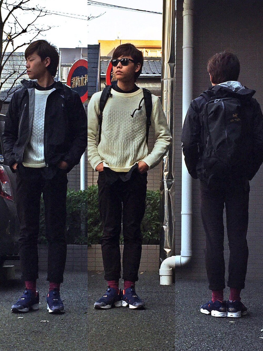「ノーカラーシャツ、スキニーパンツ、パーカー、ホワイトニット、黒スキニー、古着MIX、ファッション手当、スニーカー、モノトーンコーデ」｜「no brandの足元。。（その他、その他）」を使った、mefoxさん（メンズ・178cm）の春コーディネートの1枚目の写真