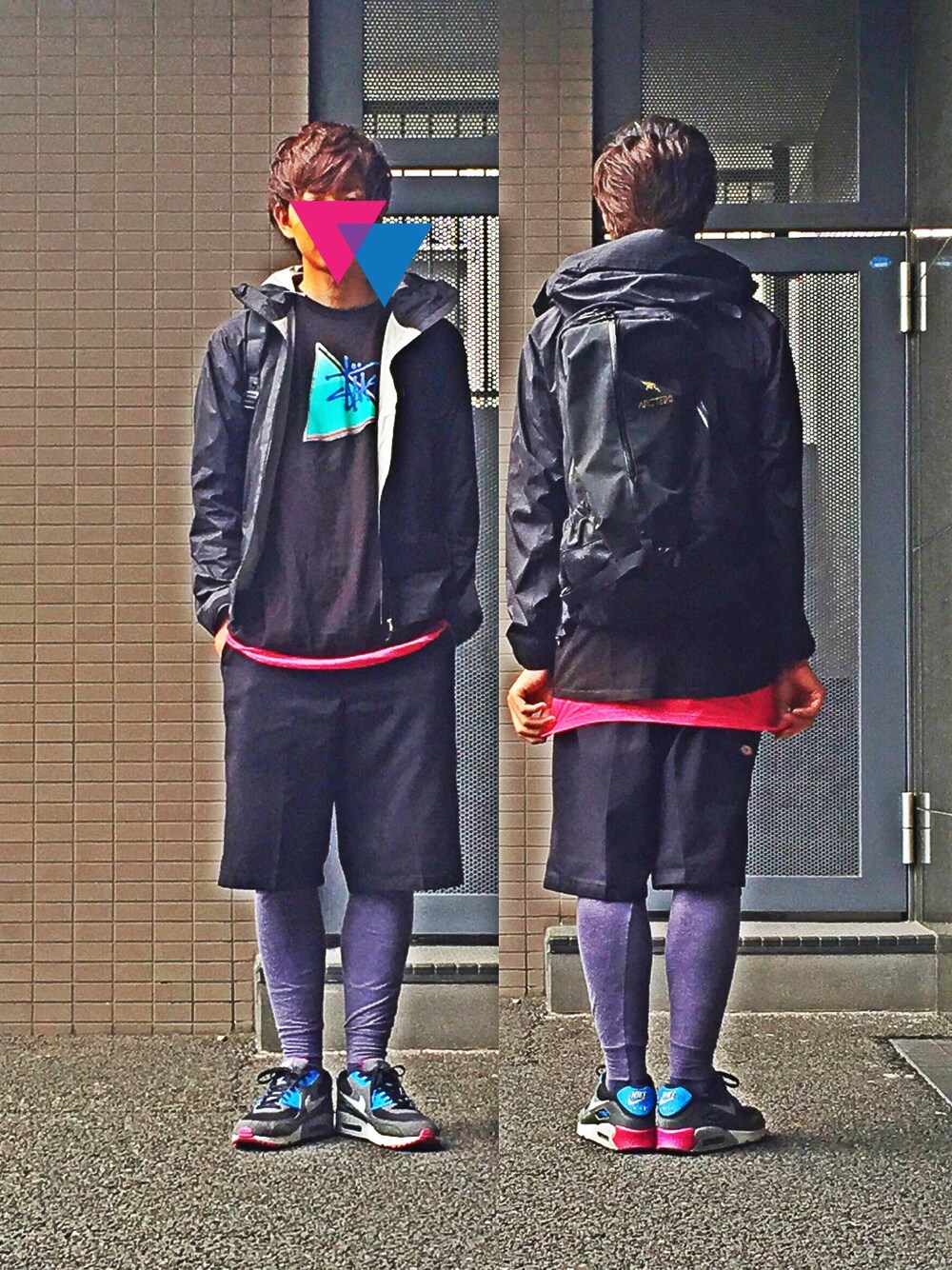 「スニーカー、マウンテンパーカー、ステューシー、バックパック、WEAR RUNNING CLUB、WEARバスケ部、自転車スタイル、NIKE AIR MAX」｜「STUSSYのstussy 三角
（Tシャツ/カットソー、ブラック系）」を使った、mefoxさん（メンズ・179cm）の春コーディネートの1枚目の写真