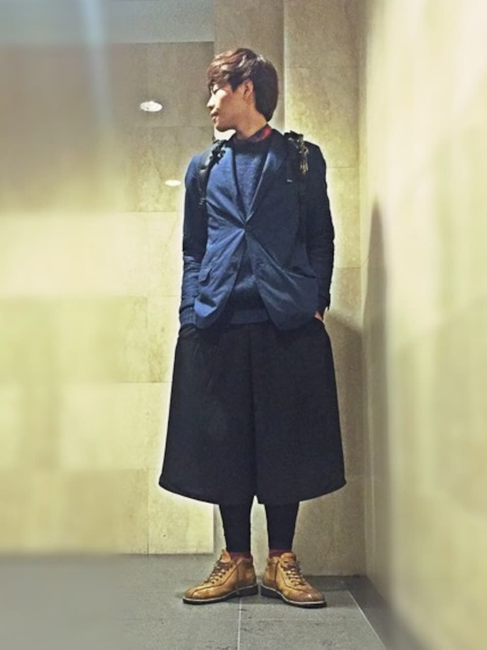 「ワイドパンツ、ガウチョパンツ、Aライン、テーラードジャケット、ノーカラーシャツ、チェックシャツ、革靴、ビッグシルエット、ピクニック、UNIQLO」｜「no brandの胸元up（その他、その他）」を使った、mefoxさん（メンズ・178cm）の春コーディネートの1枚目の写真