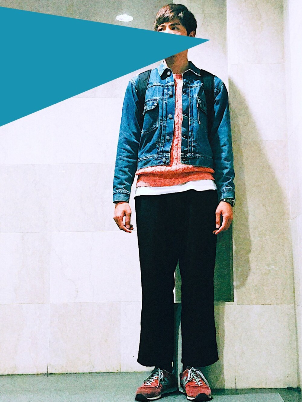 「デニムジャケット、ジージャン、ワイドパンツ、yohjiyamamoto、ケーブルニット、赤、Aライン」｜「Levi'sのアイテム（デニムジャケット、ブルー系）」を使った、mefoxさん（メンズ・178cm）の秋コーディネートの1枚目の写真