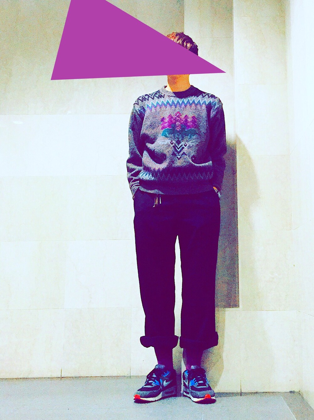 「ニット、セーター、ノルディック柄、ワイドパンツ、ウールパンツ、ロールアップ、紫、グレーのニット、冬服」｜「no brandの柄ニット(used)（ニット/セーター、グレー系）」を使った、mefoxさん（メンズ・178cm）の秋コーディネートの1枚目の写真