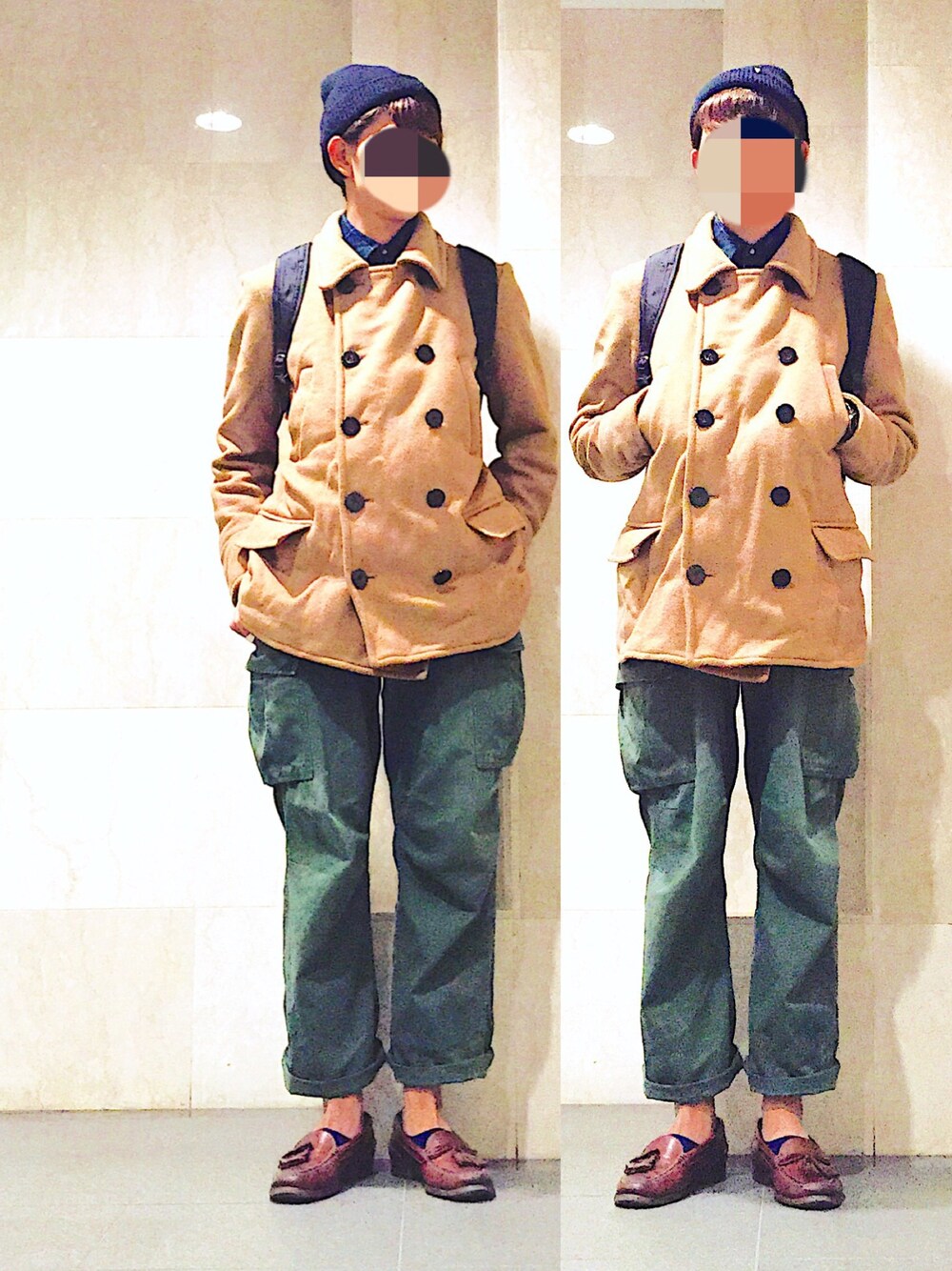 「カーキパンツ、カーゴパンツ、ロールアップ、タッセルローファー、ピーコート、キャメルアウター、ニット帽、古着MIX、ロング丈、アウター」｜「FLASH REPORTのキャメルピーコート（ピーコート、ブラウン系）」を使った、mefoxさん（メンズ・178cm）の秋コーディネートの1枚目の写真