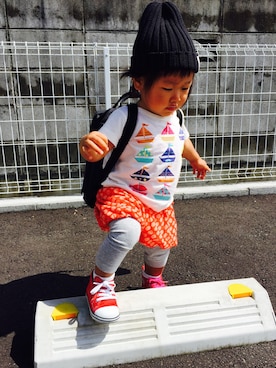 「sense of wonder（センスオブワンダー）のアイテム（パンツ）」を使った、うたさんさん（キッズ・80cm）の秋コーディネート