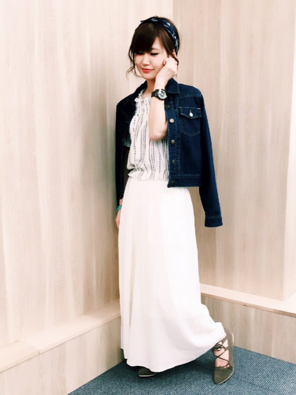 「ラフ、ootd、大人コーデ、fashion、ブラウス、スカーチョ、ガウチョパンツ、Gジャン、archives、アルシーヴ(archives)」｜「archivesの【店舗限定商品】　スタンダードGジャン（デニムジャケット、ブルー系）」を使った、archivesさん（レディース・154cm）の春コーディネートの1枚目の写真