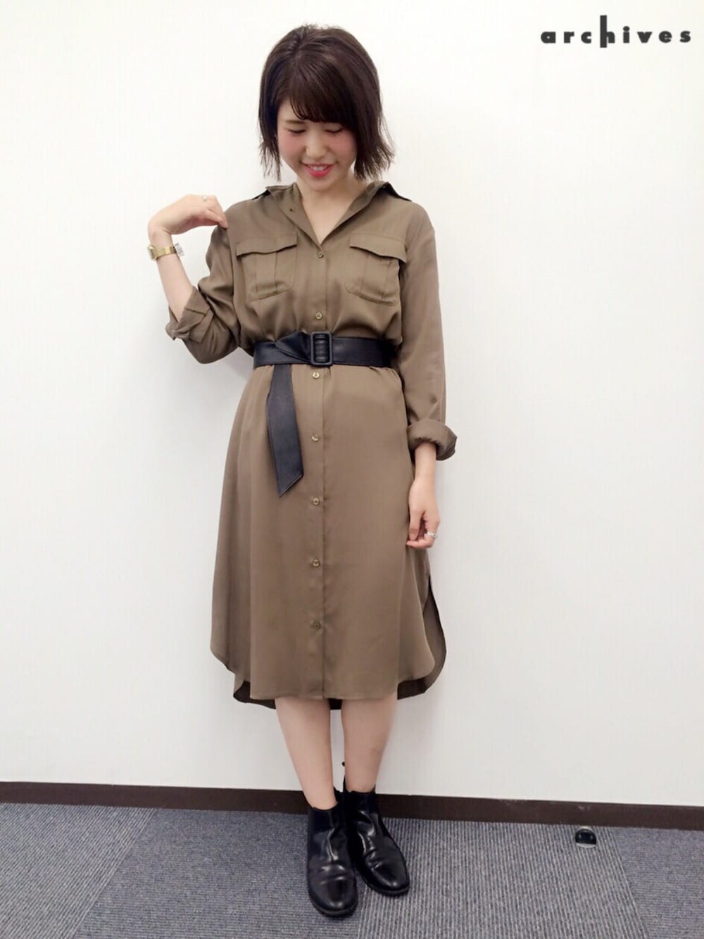 「ラクチンコーデ、オトナ女子、休日スタイル、秋コーデ、シャツスタイル、しまむら、シャツワンピ、サッシュベルト、アルシーヴ(archives)、archives」｜「sideのアイテム（シャツワンピース、グリーン系）」を使った、archivesさん（レディース・158cm）の夏コーディネートの1枚目の写真