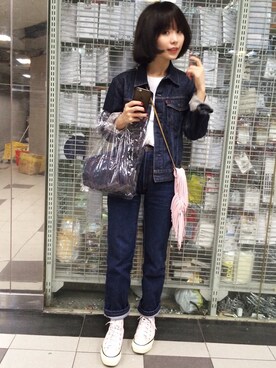 「EDWIN（エドウィン）のアイテム（デニムジャケット、ブルー系）」を使った、twiggyさん（レディース）の秋コーディネート