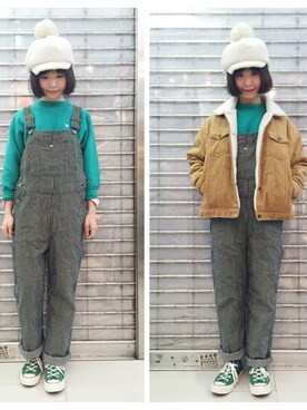 「Champion（チャンピオン）のアイテム（スウェット、グリーン系）」を使った、twiggyさん（レディース）の冬コーディネート