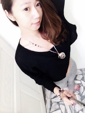 「不詳の黑色短針織上衣（ニット/セーター、ブラック系）」を使った、Athena㚬さん（レディース・167cm）の秋コーディネート