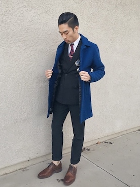 「blue」｜「アイテム（モカシン/デッキシューズ）」を使った、Ryan Cheung さん（メンズ・178cm）の冬コーディネート