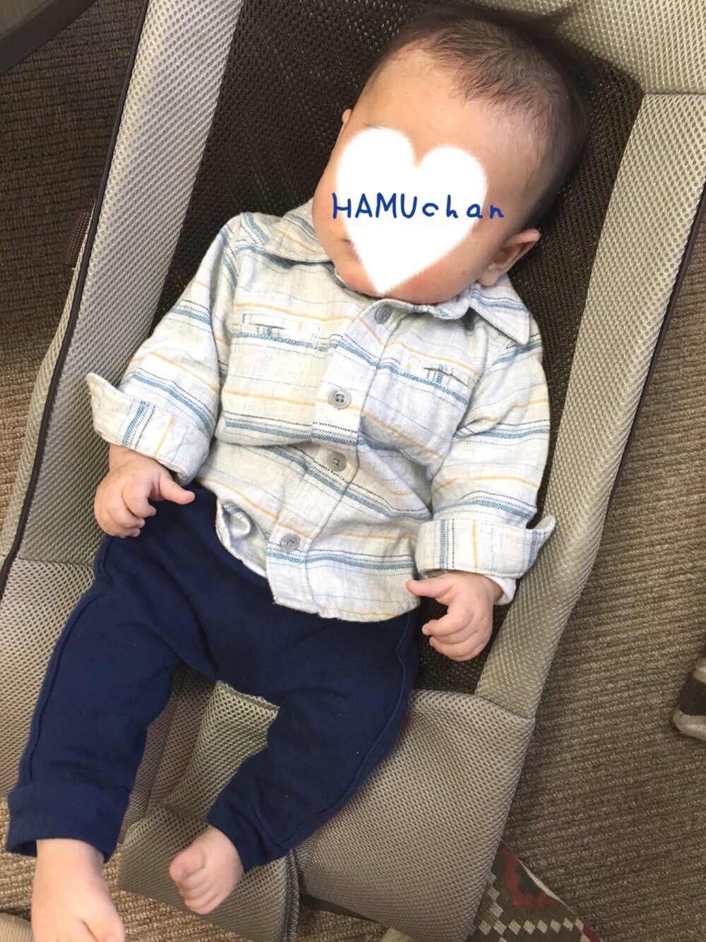 「ベビーコーデ、男の子、０歳、60cm、春、ネルシャツ」｜「OLD NAVYのアイテム（シャツ/ブラウス、ホワイト系）」を使った、HAMUchan☀︎さん（キッズ・60cm）の春コーディネートの1枚目の写真