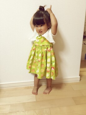 「ハワイのお土産のアイテム（ワンピース、グリーン系）」を使った、pipooさん（キッズ・100cm）の夏コーディネート