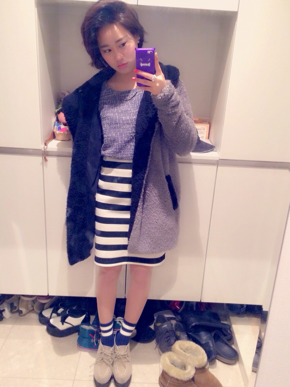 「グレー、gray、ボーダー」｜「MOUSSYのアイテム（ニット/セーター、グレー系）」を使った、りっつんさん（レディース・158cm）の秋コーディネートの1枚目の写真