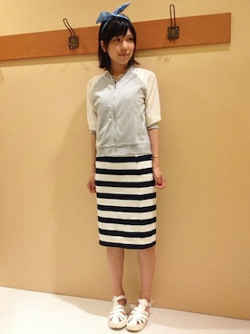 「ボーダースカート」｜「アイテム（ブルゾン）」を使った、あめしさん（レディース・159cm）の夏コーディネート