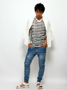 「アイテム（MA-1、ホワイト系）」を使った、JUNさん（メンズ・174cm）の夏コーディネート