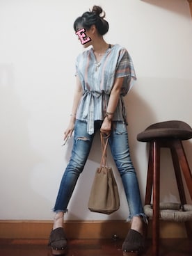 「Ungrid（アングリッド）のフレイドヘムストスリ（デニムパンツ）」を使った、E F F I Eさん（レディース・163cm）の夏コーディネート