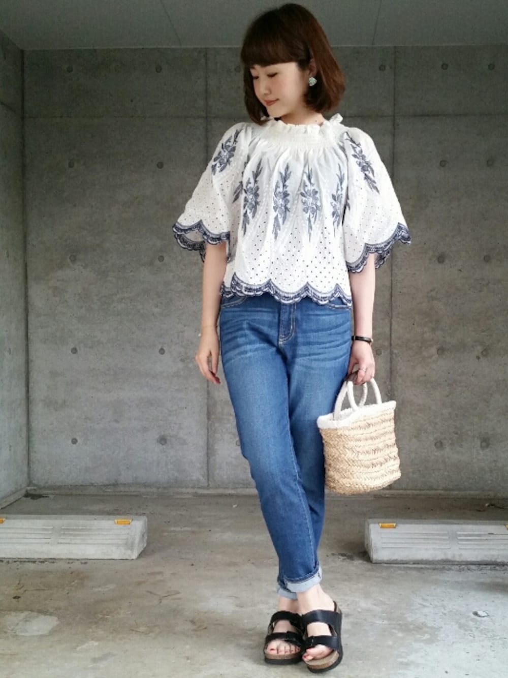 「シンプルコーデ、夏、大人カジュアル、デニム、シンプル、サンダル」｜「usedのアイテム（リング、ゴールド系）」を使った、omi*さん（レディース・161cm）の夏コーディネートの1枚目の写真