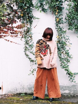 「H&M（エイチ・アンド・エム）のアイテム（ニット/セーター、ベージュ系）」を使った、@goodgirlririさん（レディース・157cm）の秋コーディネート