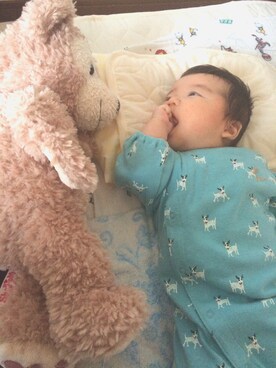 「HAKKA BABY（ハッカベビー）のアイテム（ロンパース、グリーン系）」を使った、Kaiさん（キッズ・60cm）の春コーディネート