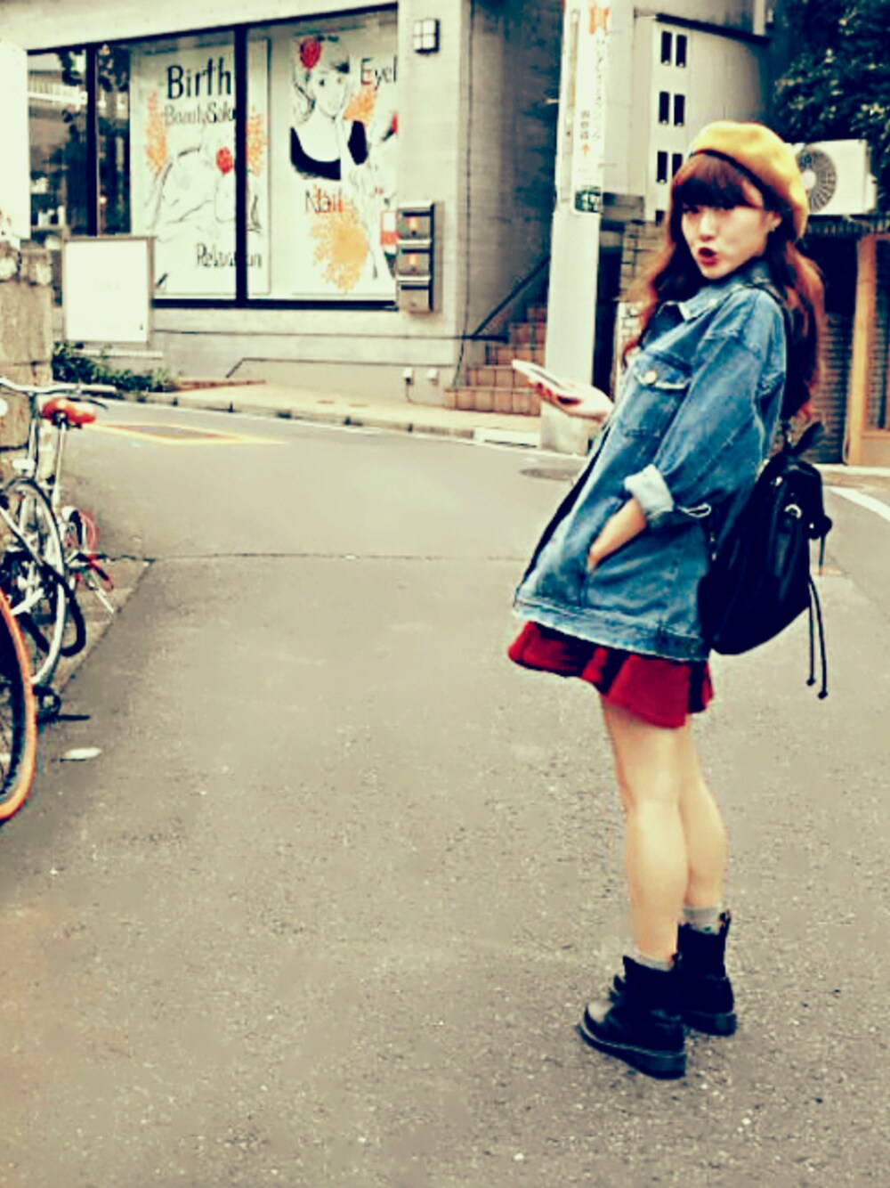 「デニムジャケット、2013年、ラストWEAR！」｜「CA4LAのくま（ハンチング/ベレー帽、イエロー系）」を使った、m.rinaさん（レディース・160cm）の冬コーディネートの1枚目の写真