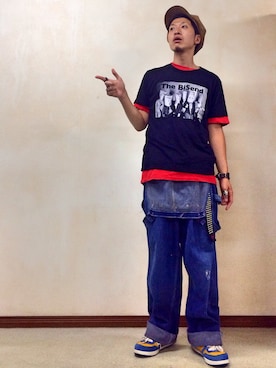 「Tシャツ×デニム」｜「アイテム（サロペット/オーバーオール）」を使った、サトルさん（メンズ・176cm）の夏コーディネート