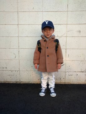 「H&M（エイチ・アンド・エム）のアイテム（その他パンツ、ホワイト系）」を使った、まけちゃんさん（キッズ・90cm）の冬コーディネート