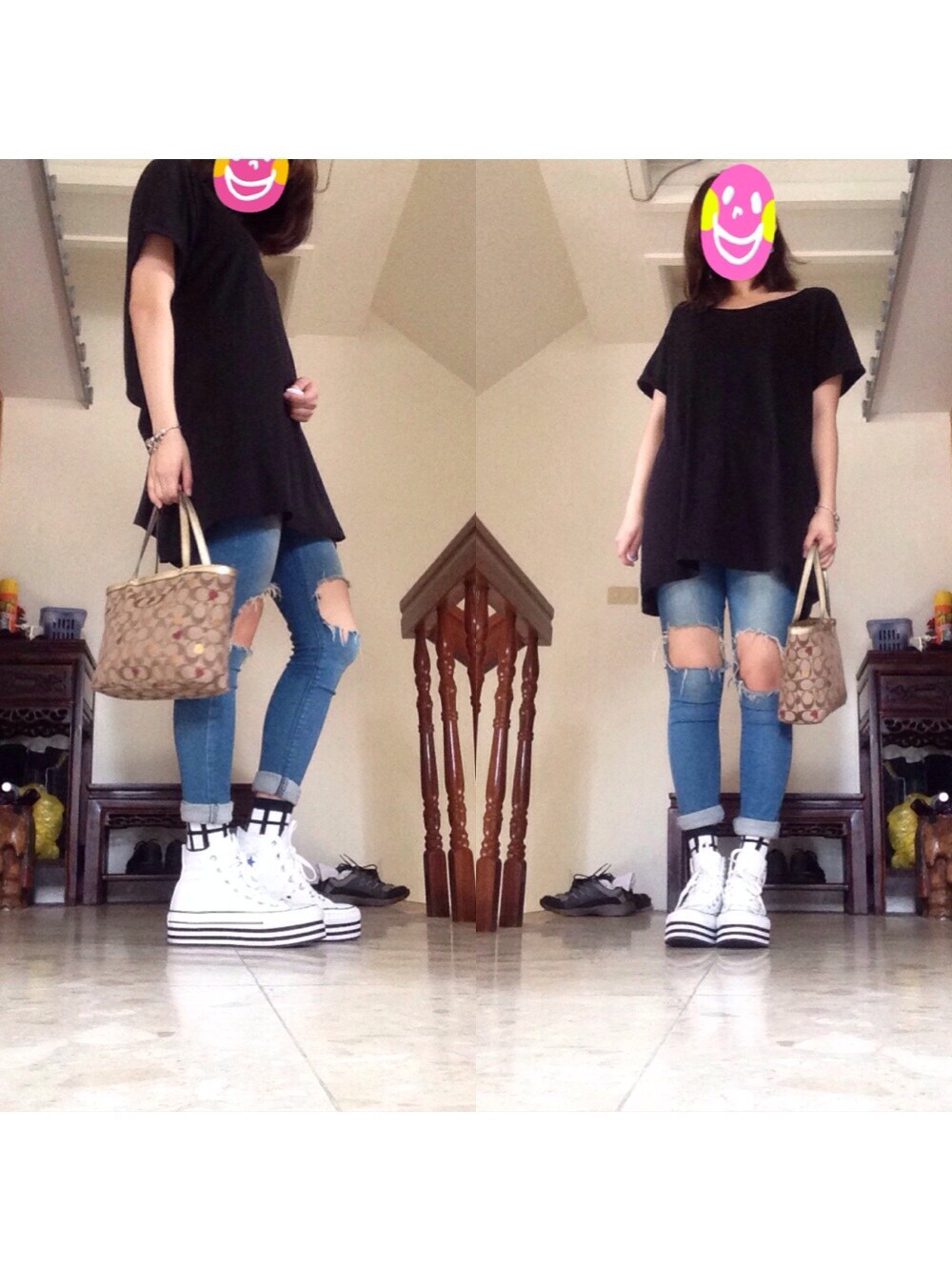 「simple、happy、COACH、life、lovfee」｜「CONVERSEのアイテム（スニーカー、ホワイト系）」を使った、林玉鳳さん（レディース・156cm）の春コーディネートの1枚目の写真
