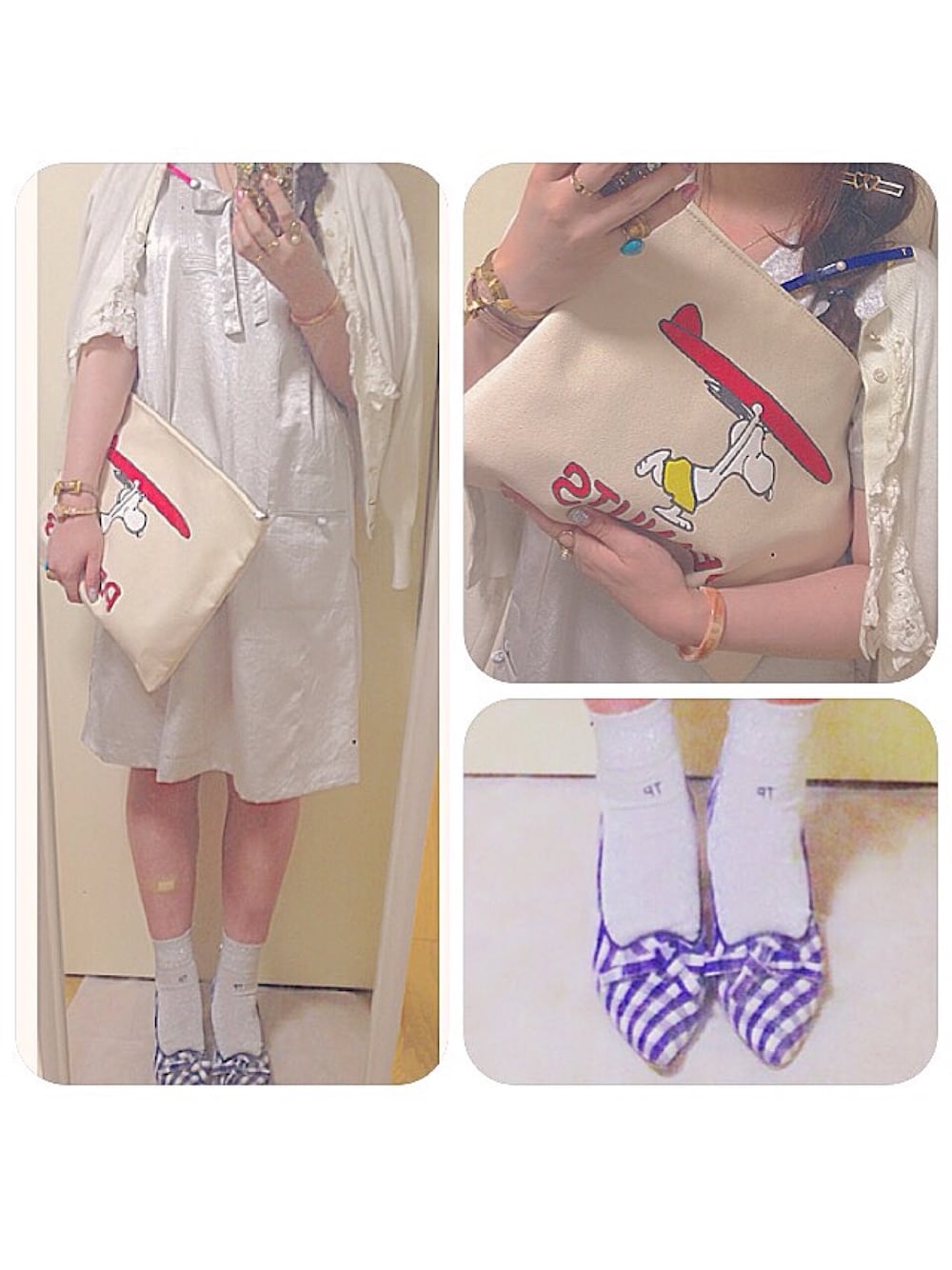 「シアタープロダクツ(THEATRE PRODUCTS)、petite costume、MUVEIL WORK、hio、ワンピース、クラッチバッグ、スヌーピー、ＳＮＯＯＰＹ　、ギンガムチェック、靴下 パンプス」｜「THEATRE PRODUCTSのバテンレース カーディガン（カーディガン/ボレロ、ホワイト系）」を使った、Momokoさん（レディース・156cm）の春コーディネートの1枚目の写真