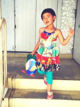 「FLYING TIGERS（フライングタイガー）のアイテム（キャップ）」を使った、まめこさん（キッズ・110cm）の夏コーディネート