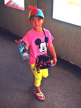 「FLYING TIGERS（フライングタイガー）のアイテム（キャップ）」を使った、まめこさん（キッズ・110cm）の夏コーディネート