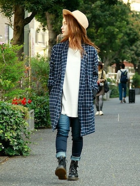 「ロングニット」｜「アイテム（チェスターコート）」を使った、MINA HISATSUNEさん（レディース・153cm）の秋コーディネート