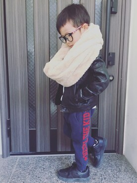 「DIESEL（ディーゼル）のアイテム（ライダースジャケット）」を使った、yuraさん（キッズ・100cm）の冬コーディネート