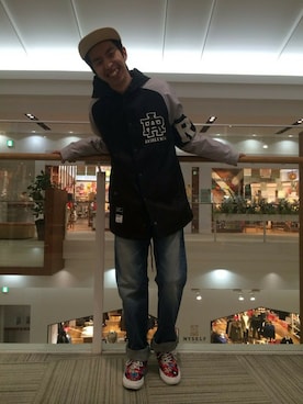 「白キャップ」｜「アイテム（ナイロンジャケット）」を使った、Pakkun14さん（メンズ・165cm）の冬コーディネート