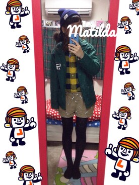 「アイテム（ナイロンジャケット、グリーン系）」を使った、まちるださん（レディース・155cm）の冬コーディネート