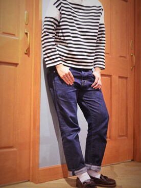 「ボーダートップス（Tシャツ/カットソー、ホワイト系）」を使った、WORDSBYwearさんの春コーディネート