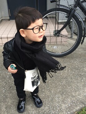 「アイテム（ライダースジャケット）」を使った、いっぽさんさん（キッズ・90cm）の冬コーディネート