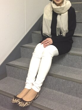 「UNIQLO（ユニクロ）のWOMEN レギンスパンツ（その他パンツ、ホワイト系）」を使った、Mさん（レディース・156cm）の秋コーディネート