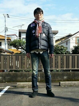 「ダウンジャケット」｜「アイテム（マフラー）」を使った、おっさんの休日さん（メンズ・177cm・40代）の冬コーディネート