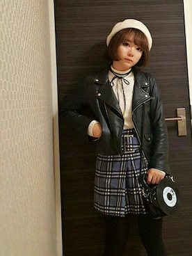 「タータンチェック」｜「アイテム（ライダースジャケット）」を使った、♡さん（レディース・147cm）の秋コーディネート